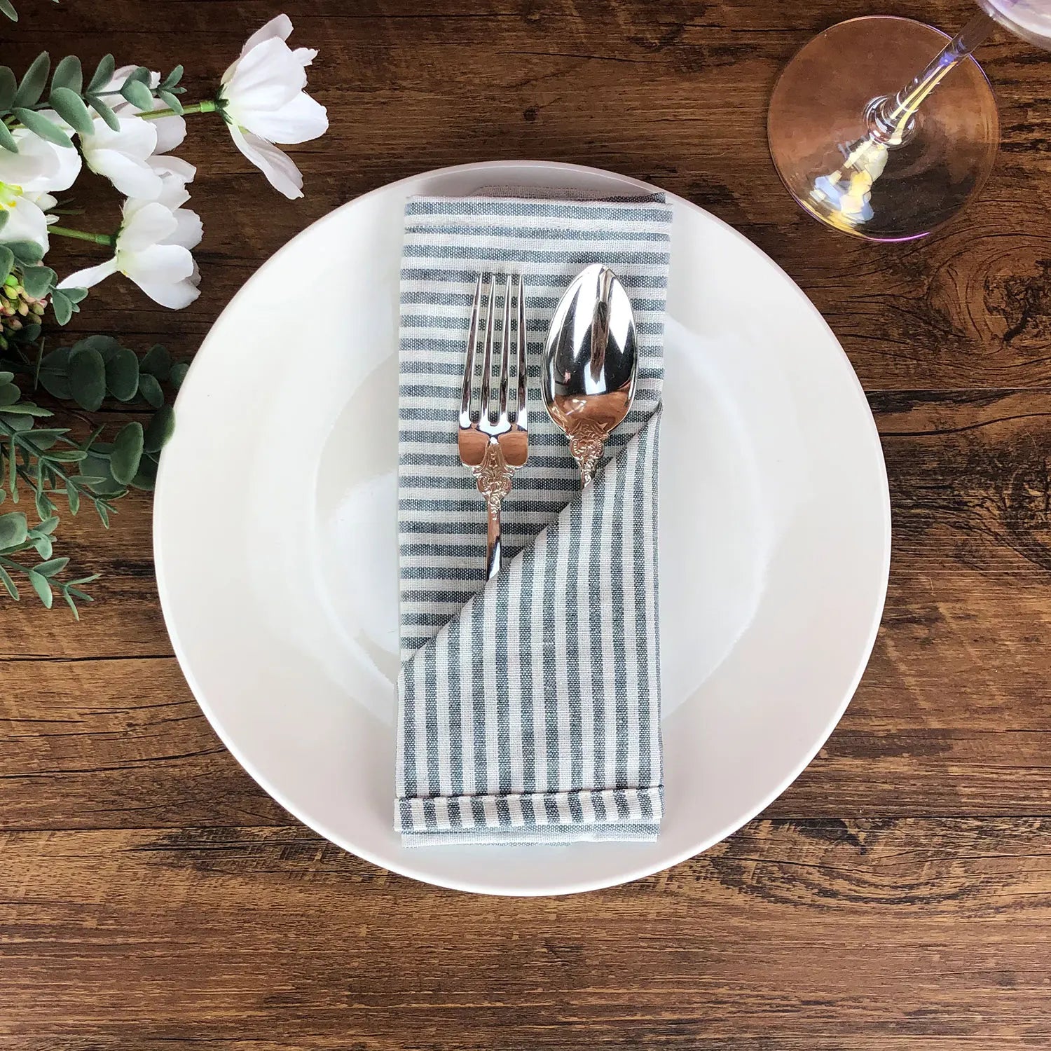 Plain Striped Linen Cotton Blended Dinner Cloth Napkins Placemats Tea Towels Set of 12 (40 x 30 cm) for Events & Home Use