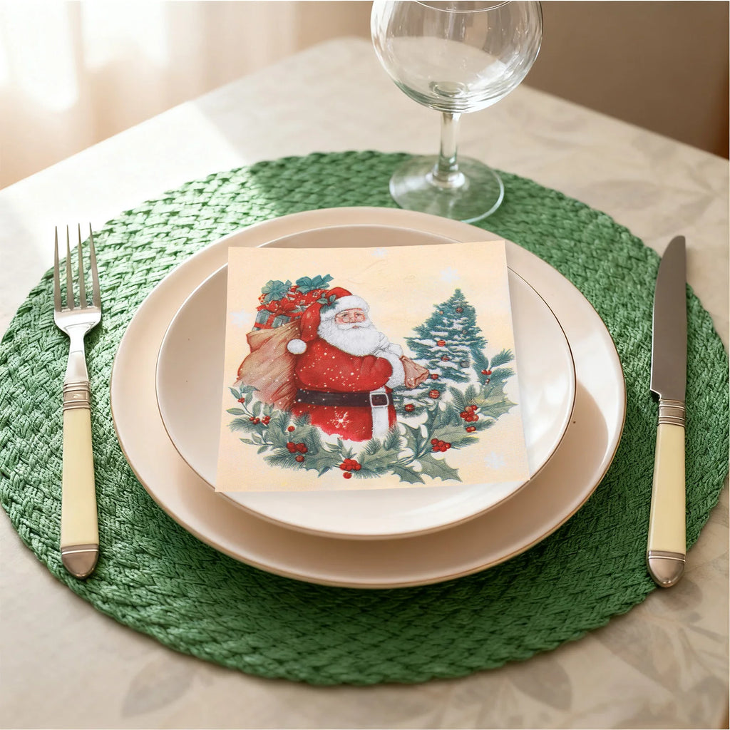 20pcs Santa Claus Holly Wreath Printed Paper Napkins - Pure Wood Pulp, 33x33cm 3-ply, Table Settings Disposable Decoupage Napkin