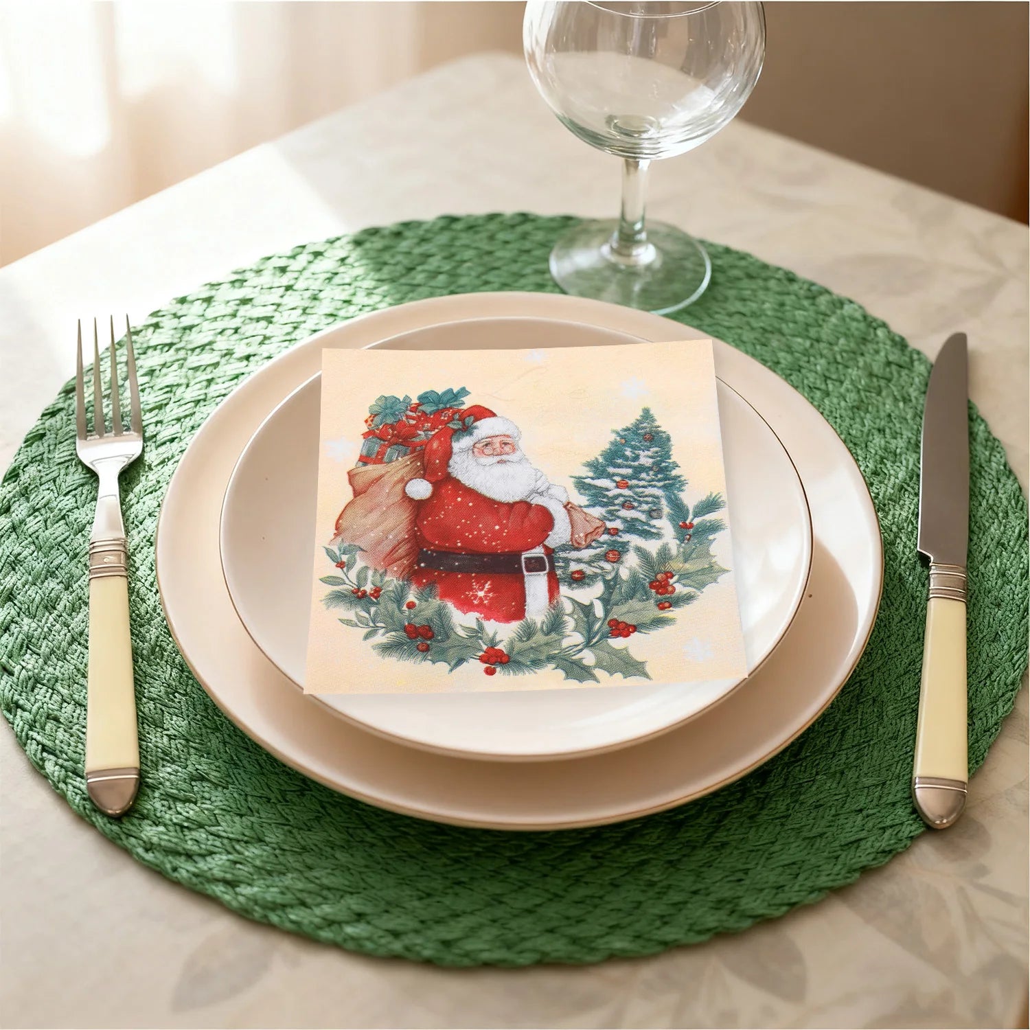 20pcs Santa Claus Holly Wreath Printed Paper Napkins - Pure Wood Pulp, 33x33cm 3-ply, Table Settings Disposable Decoupage Napkin