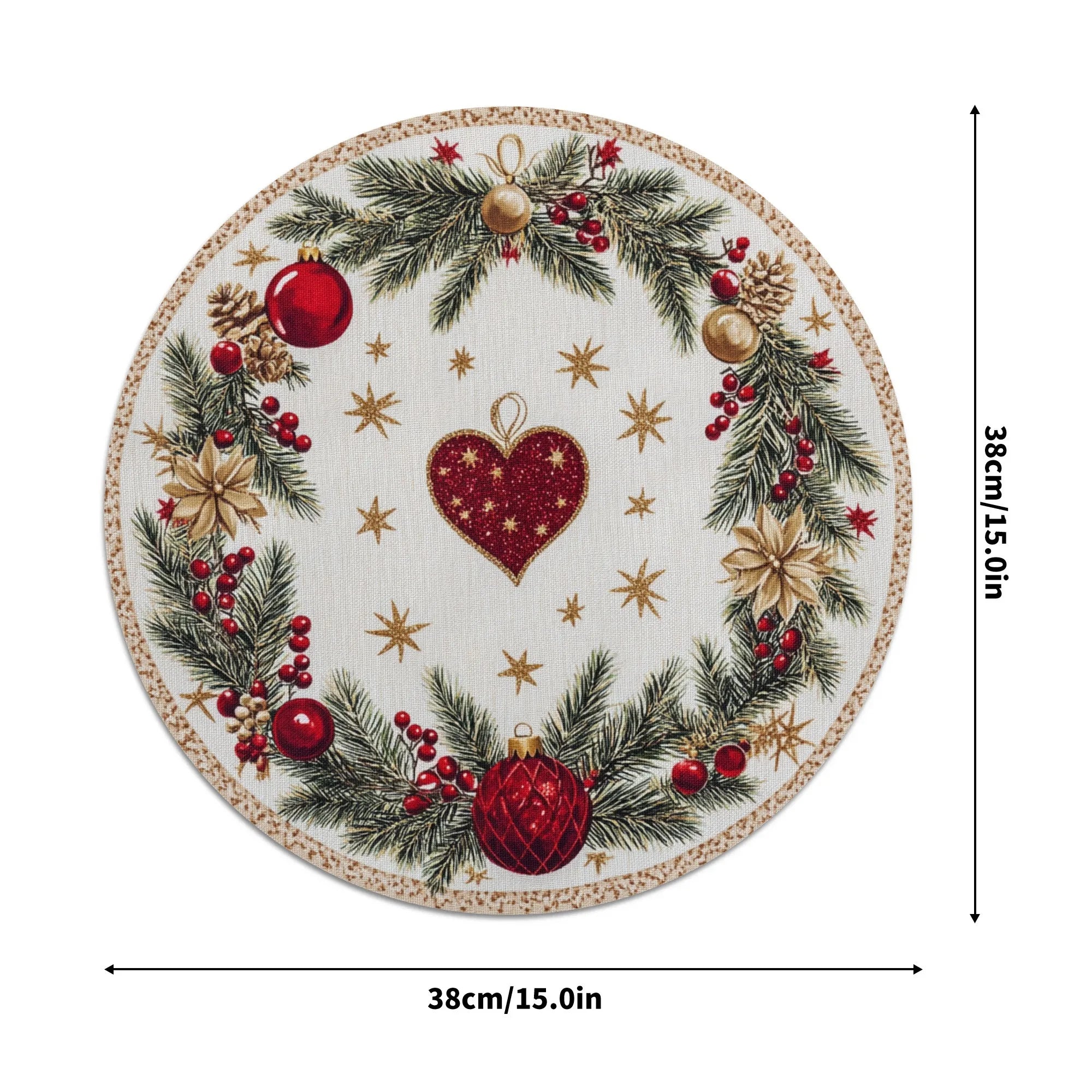 VIKAMA 4PC Christmas Round Placemats Red Background Snowflakes Holly Berries Waterproof Family Dinner Cafe Decoration