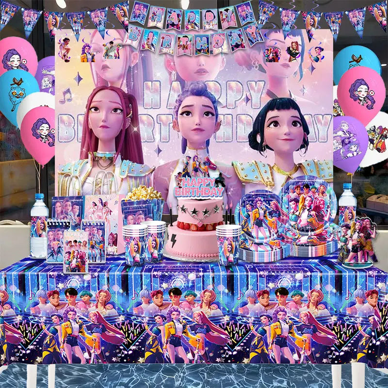 New Anime Demon Hunters Kpop Birthday Decoration Backdrop Ballon Kpop Happy Birthday Theme Plate Cup Napkin Cake Decor For Girl