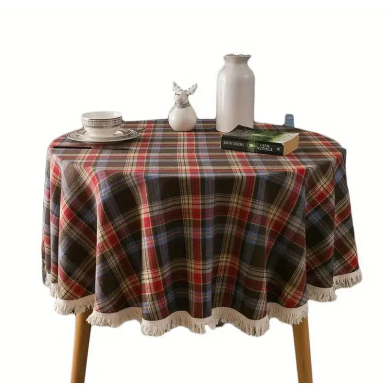 Cotton Christmas plaid tablecloth, soft plaid tassel tablecloth, washable round tablecloth, Christmas decoration
