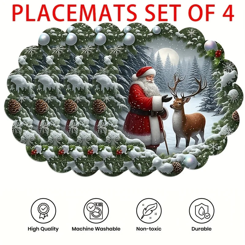 4pcs Christmas Santa Claus & Reindeer Placemats Set - 2D Flat Print,  Hand Wash Only, Festive Holiday Design with Snowflakes