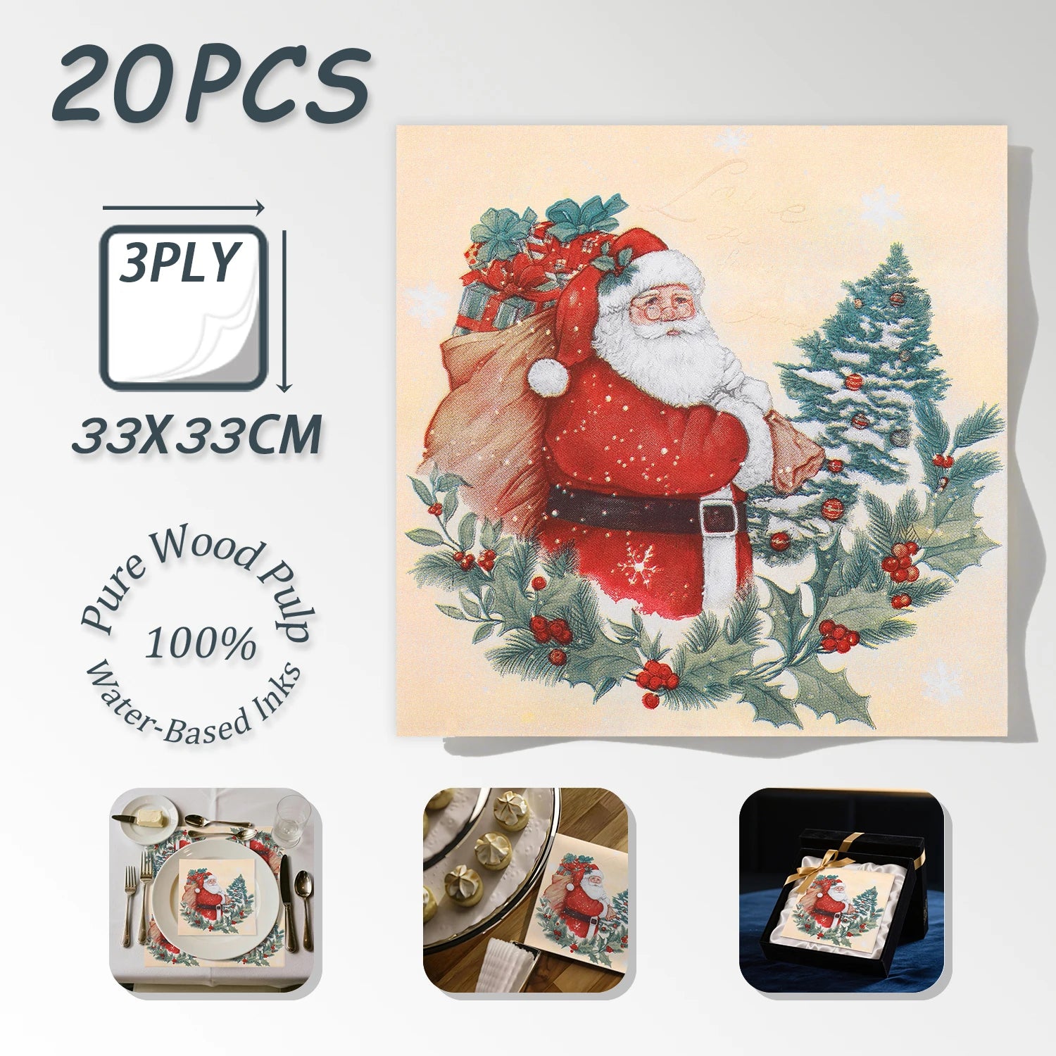 20pcs Santa Claus Holly Wreath Printed Paper Napkins - Pure Wood Pulp, 33x33cm 3-ply, Table Settings Disposable Decoupage Napkin