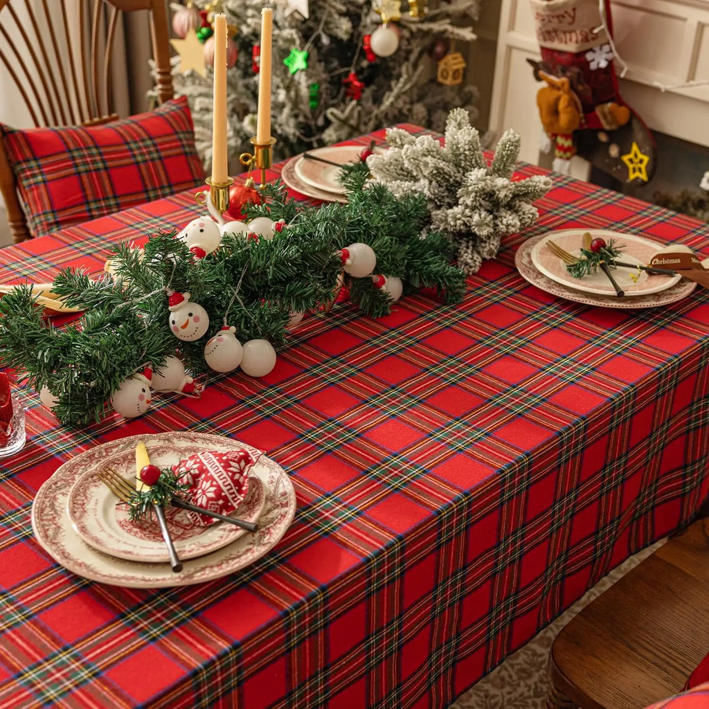 Christmas Checkered Tablecloth Rectangular - Red Buffalo Plaid Linen Cotton, Xmas Farmhouse Decor