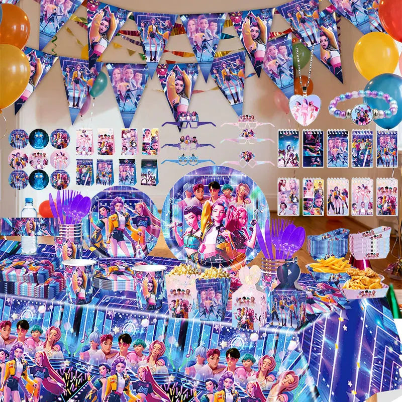 New Anime Demon Hunters Kpop Birthday Decoration Backdrop Ballon Kpop Happy Birthday Theme Plate Cup Napkin Cake Decor For Girl