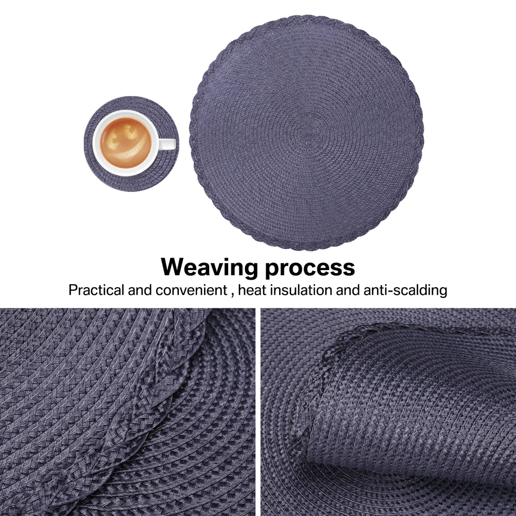 Set of 12 Round Braided Table Mat Washable Placemats Non Slip Heat Resistant for Kitchen Dining Tables Pad With Cup Coasters