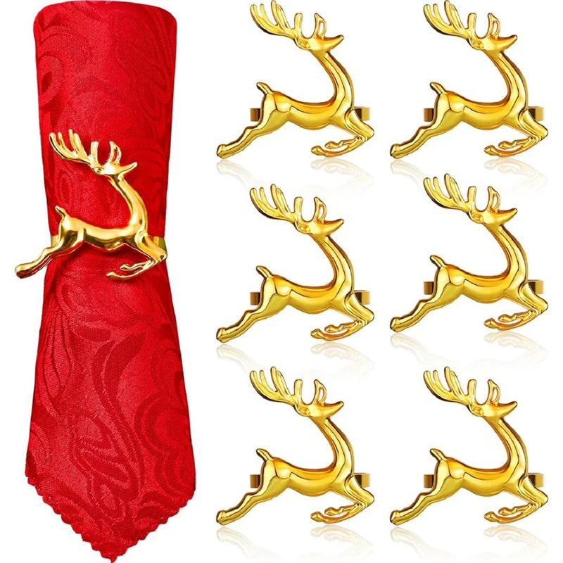 6PCS Christmas Golden Elk Napkin Ring, Family Combination Packaging, Elegant Retro Design,For Festival, Dinner Party Decoration