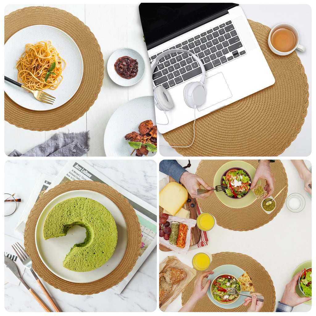 Set of 6 Round Braided Placemats 34CM Table Mats for Dining Tables Christmas Halloween Woven Washable Non-Slip Place mats