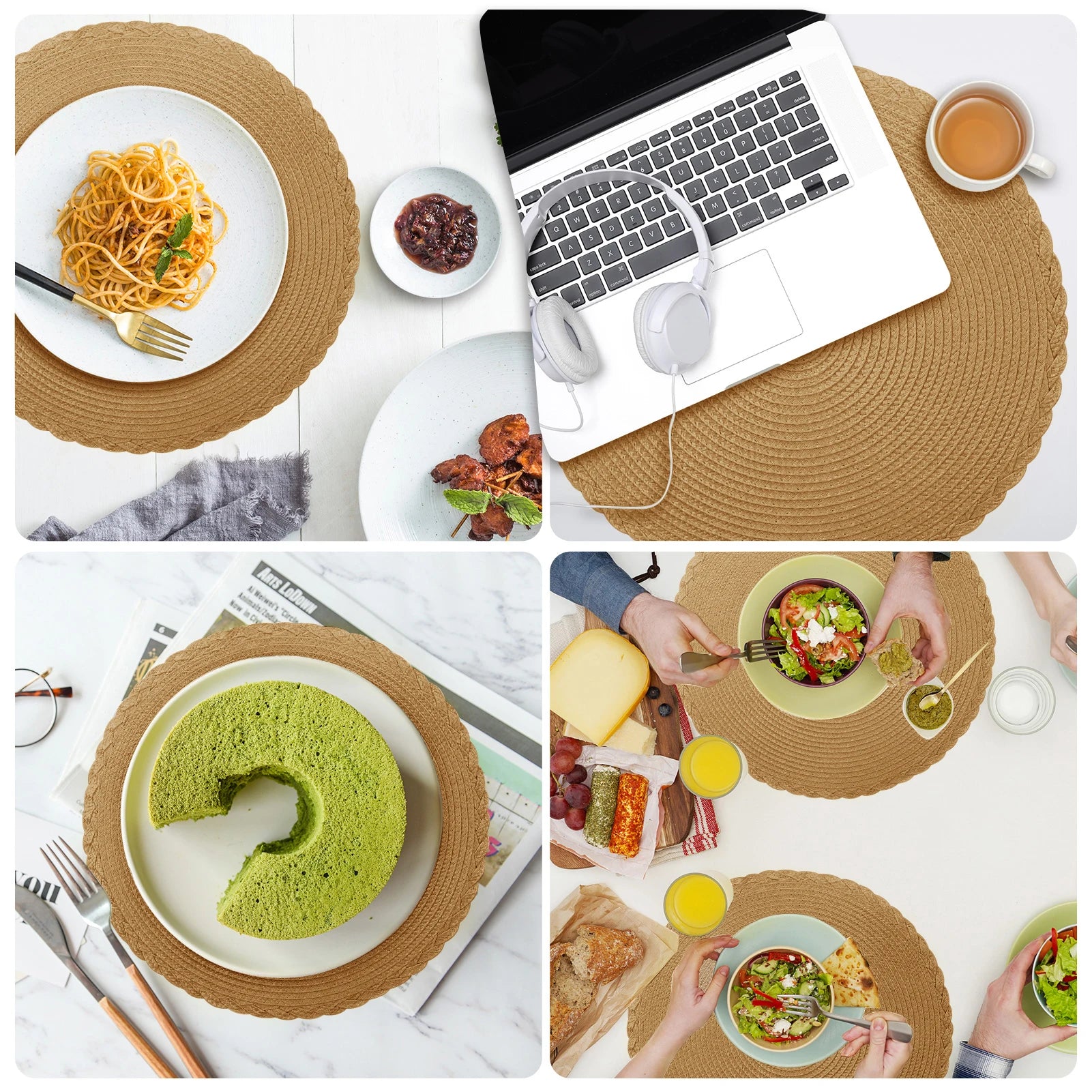 Set of 6 Round Braided Placemats 34CM Table Mats for Dining Tables Christmas Halloween Woven Washable Non-Slip Place mats