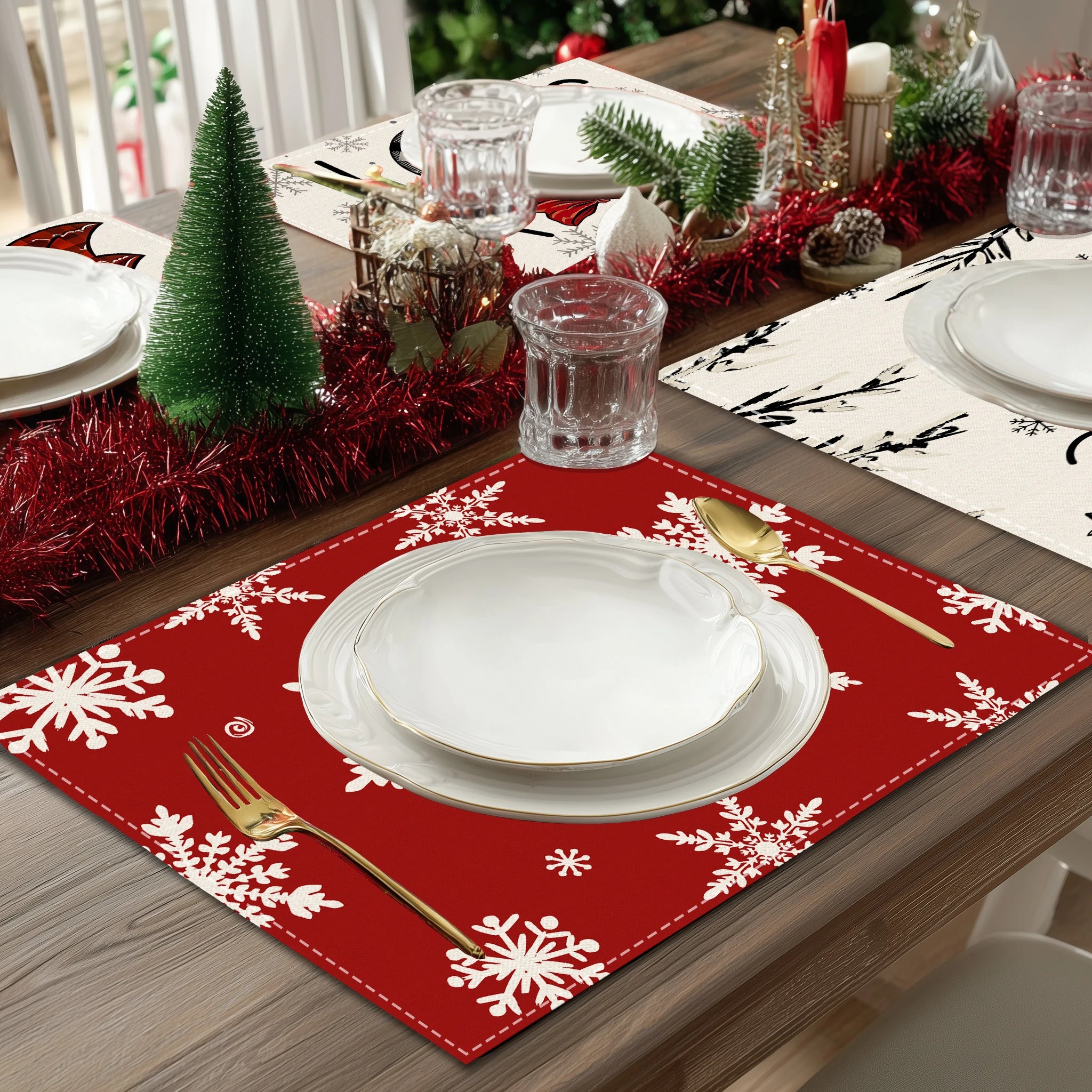 1/4/6pcs Christmas placemat, retro Christmas tree snowflake pattern dining table anti slip insulation mat, Christmas decoration