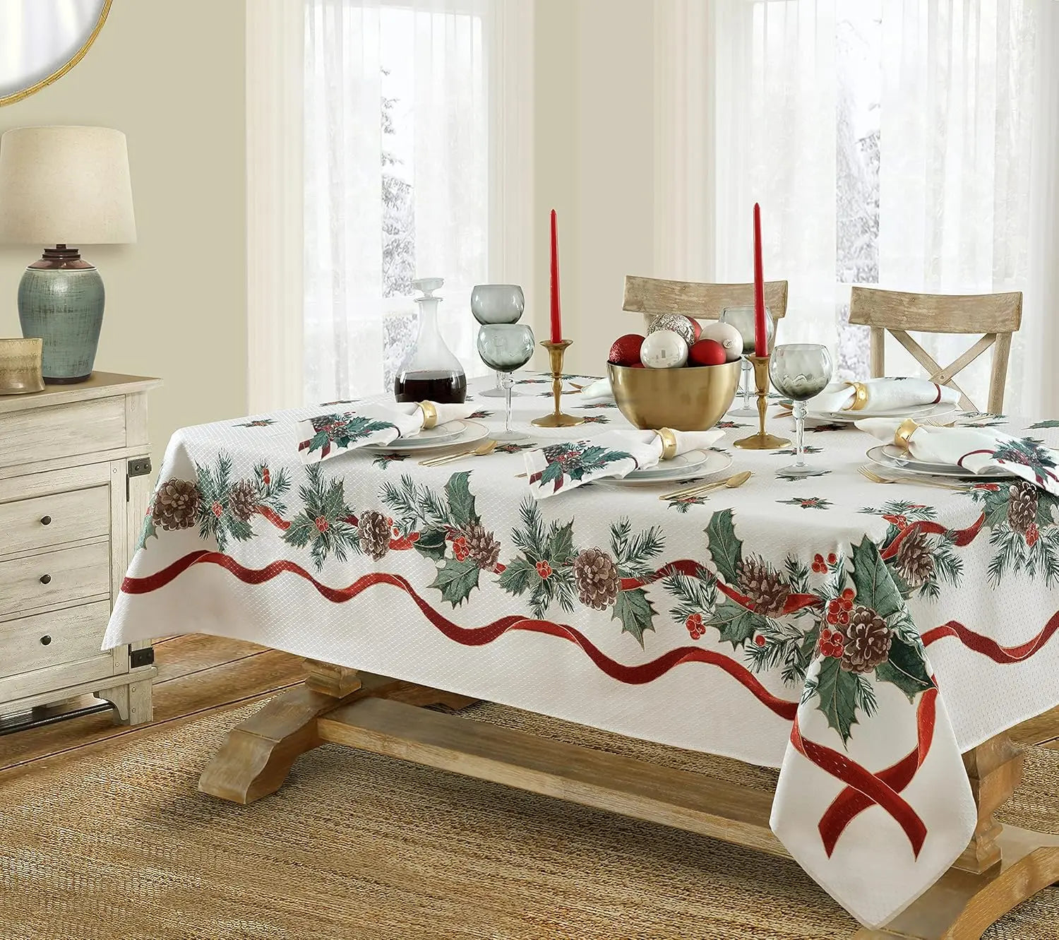 Christmas Rectangle Tablecloth, Poinsettia Design Tablecloth For New Year Party And Dinner Christmas Table Decor Tablecloth