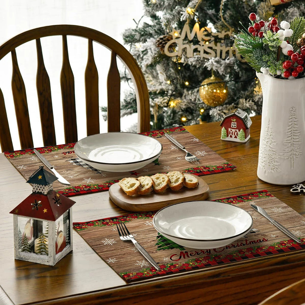 1/4/6pcs Christmas placemat, retro Christmas tree Santa Claus pattern dining table anti slip insulation mat,
