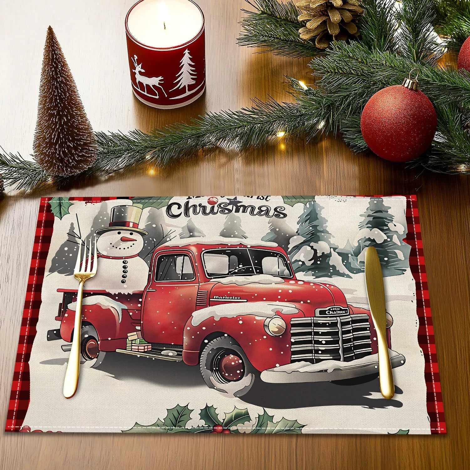 1/4/6pcs Christmas placemat, retro Christmas tree Santa Claus pattern dining table anti slip insulation mat,