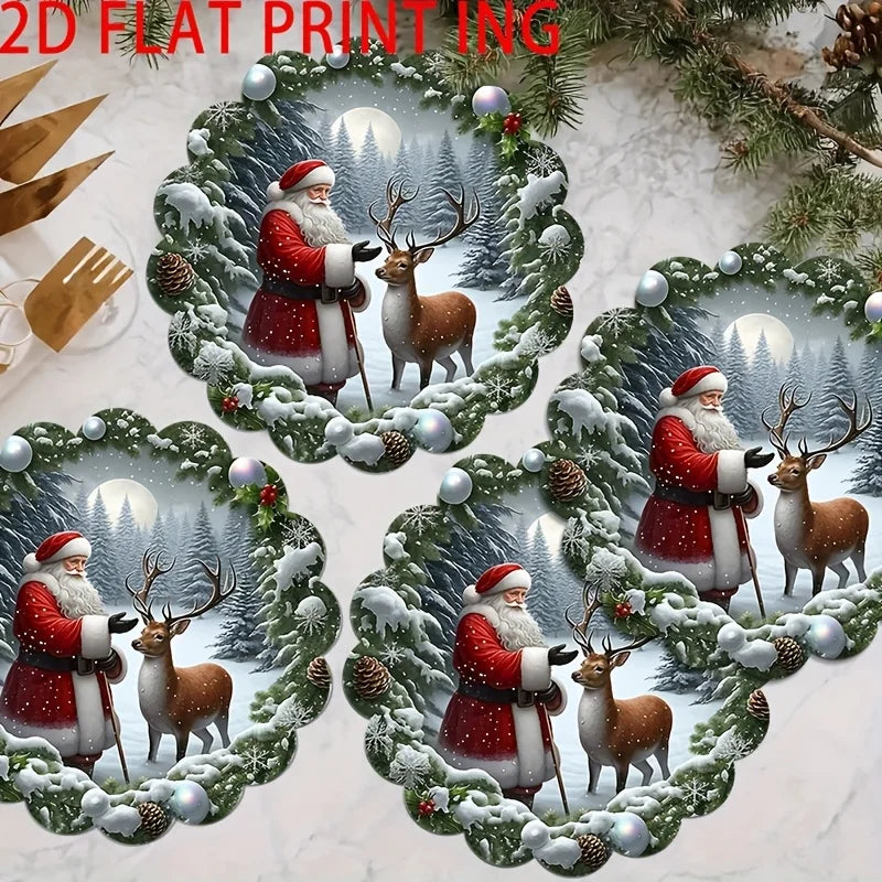 4pcs Christmas Santa Claus & Reindeer Placemats Set - 2D Flat Print,  Hand Wash Only, Festive Holiday Design with Snowflakes
