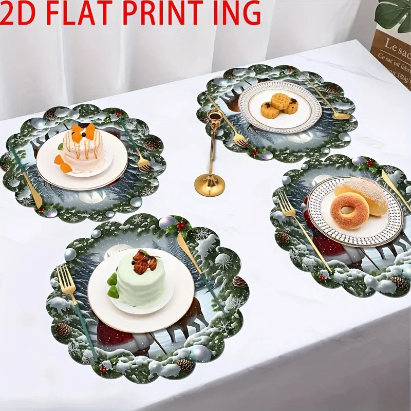 4pcs Christmas Santa Claus & Reindeer Placemats Set - 2D Flat Print,  Hand Wash Only, Festive Holiday Design with Snowflakes