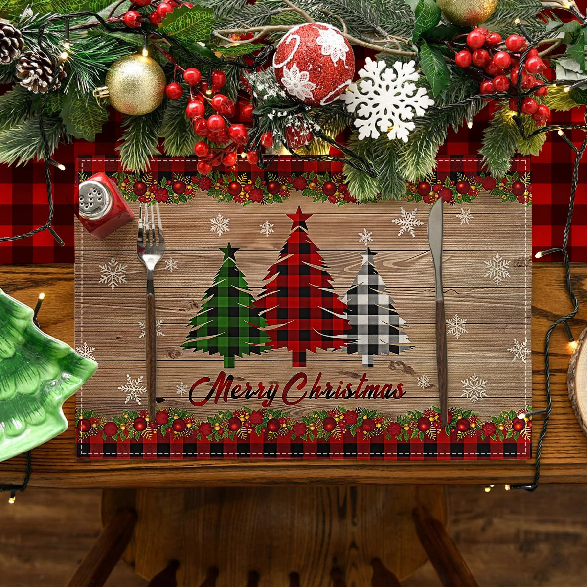 1/4/6pcs Christmas placemat, retro Christmas tree Santa Claus pattern dining table anti slip insulation mat,