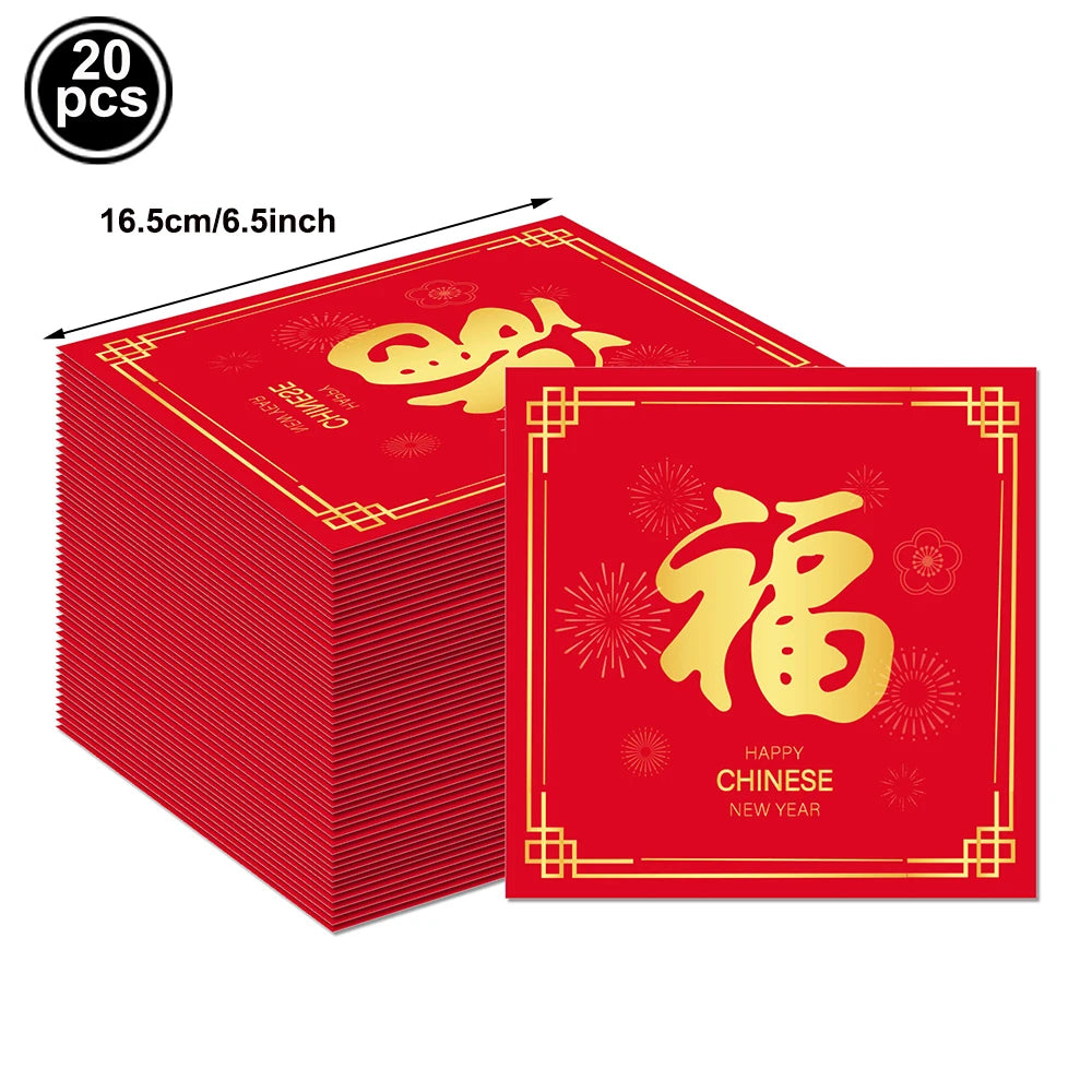 Chinese Spring Festival Banner Gifts Bags Food Tray Napkins Tablecloth Wine Bottle Stickers Happy New Year 2026 Party Decor