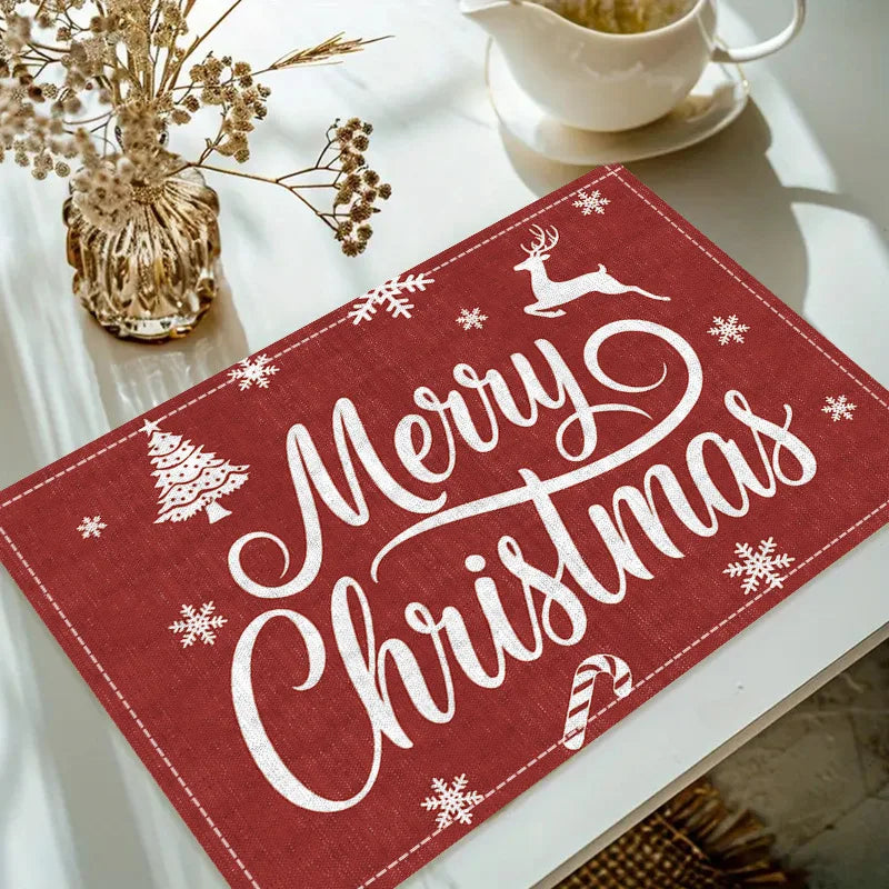 Christmas Linen Placemat Table Coffee Mat Red Nose Reindeer Snowflake Merry Xmas HO! Holly Leaf Ball Plaid Decorative Coasters