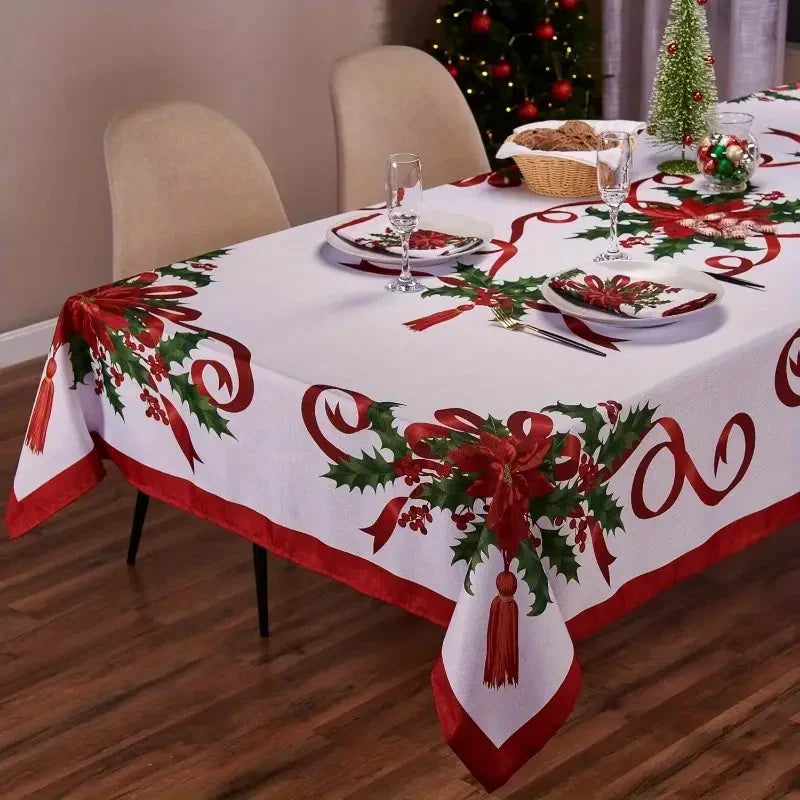 Christmas Rectangle Tablecloth, Poinsettia Design Tablecloth For New Year Party And Dinner Christmas Table Decor Tablecloth