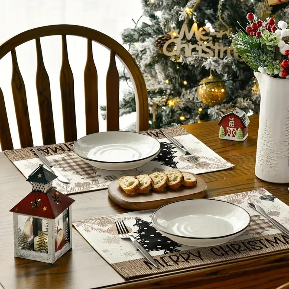 VIKAMA Linen Placemat with Christmas Element Printing Dirt Resistant Tabletop Placemat Suitable Party Kitchen and Restaurant