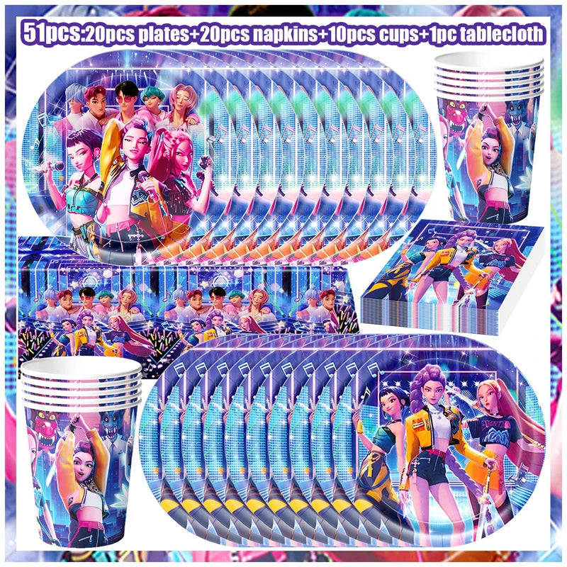 Kpop Demon Hunters Birthday Decorations Saja Boys Purple Napkins Plates Tableware Kpop Demon Hunter Birthday Party Favors Supply