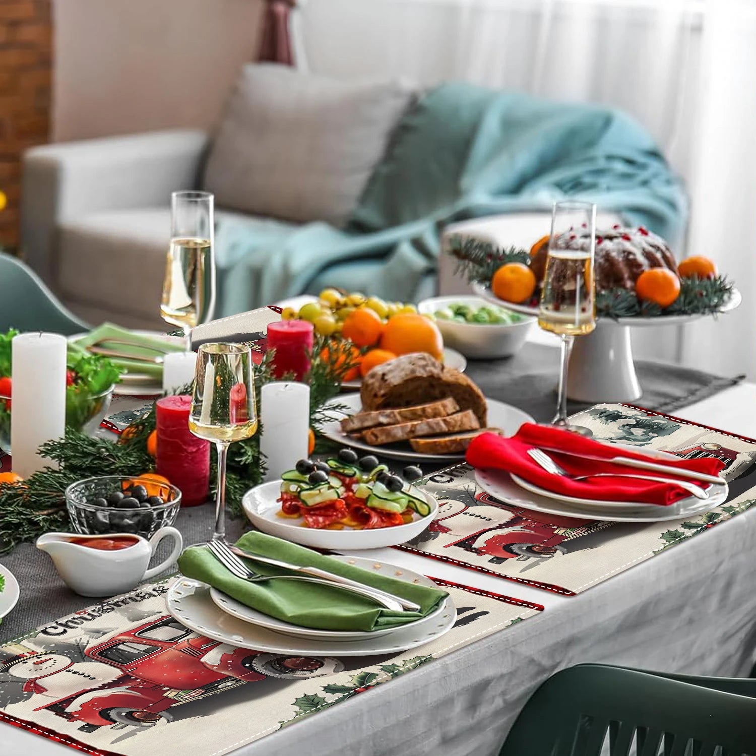 1/4/6pcs Christmas placemat, retro Christmas tree Santa Claus pattern dining table anti slip insulation mat,