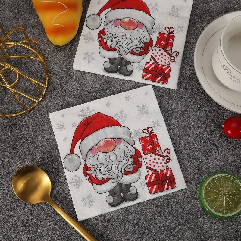 20pcs 25cm 3Layer New Cartoon White Bearded Christmas Hat, Santa Claus Napkins, Party Table, Wood Pulp Paper DIY Decoupage Paper