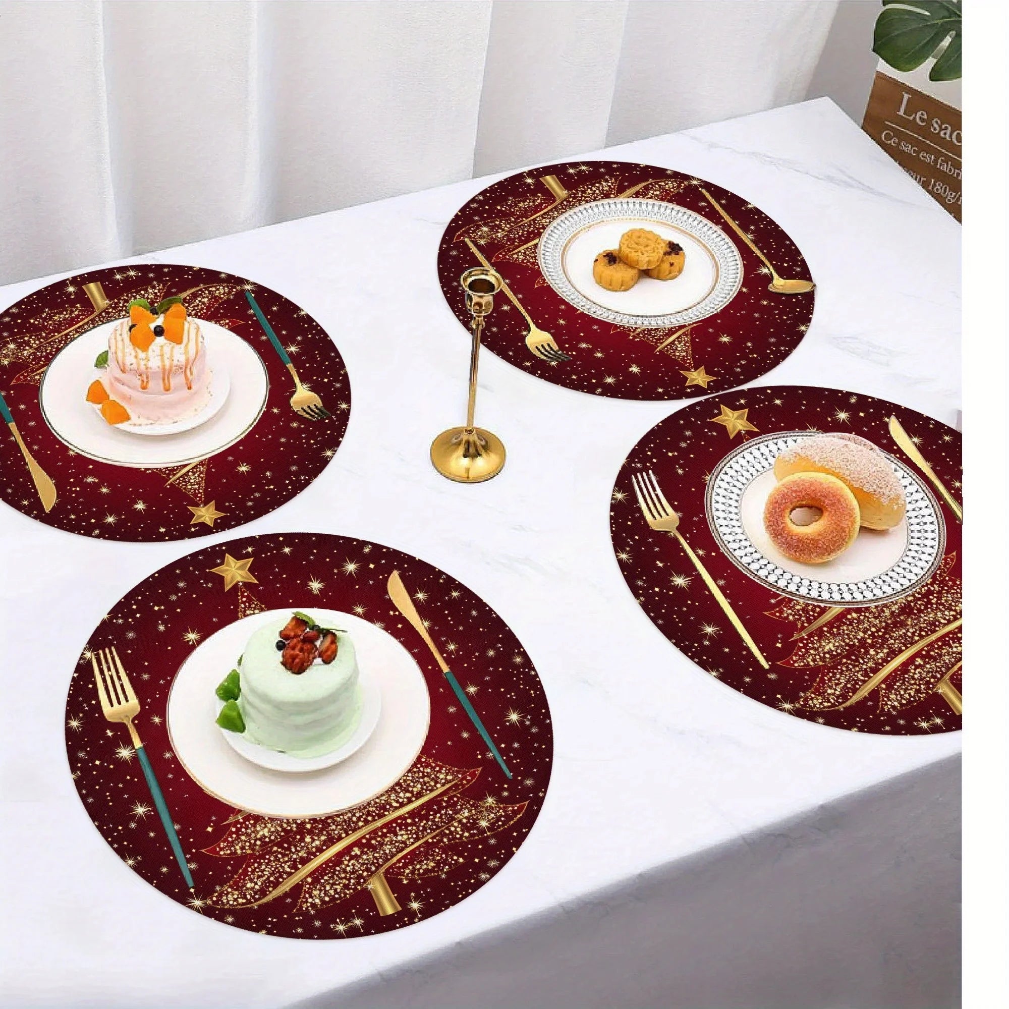 4pcs Golden Christmas Tree Red Round Placemats Set, Xmas Star Table Mats Place mats 38.1cm for Party Kitchen Dining Decoration