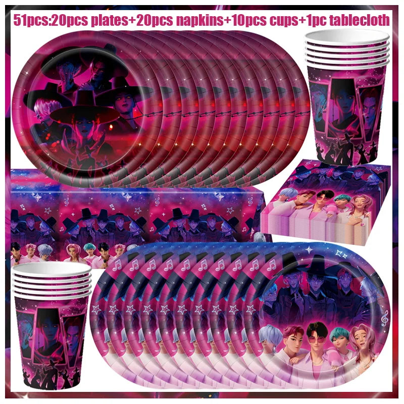 Kpop Demon Hunters Birthday Decorations Saja Boys Purple Napkins Plates Tableware Kpop Demon Hunter Birthday Party Favors Supply