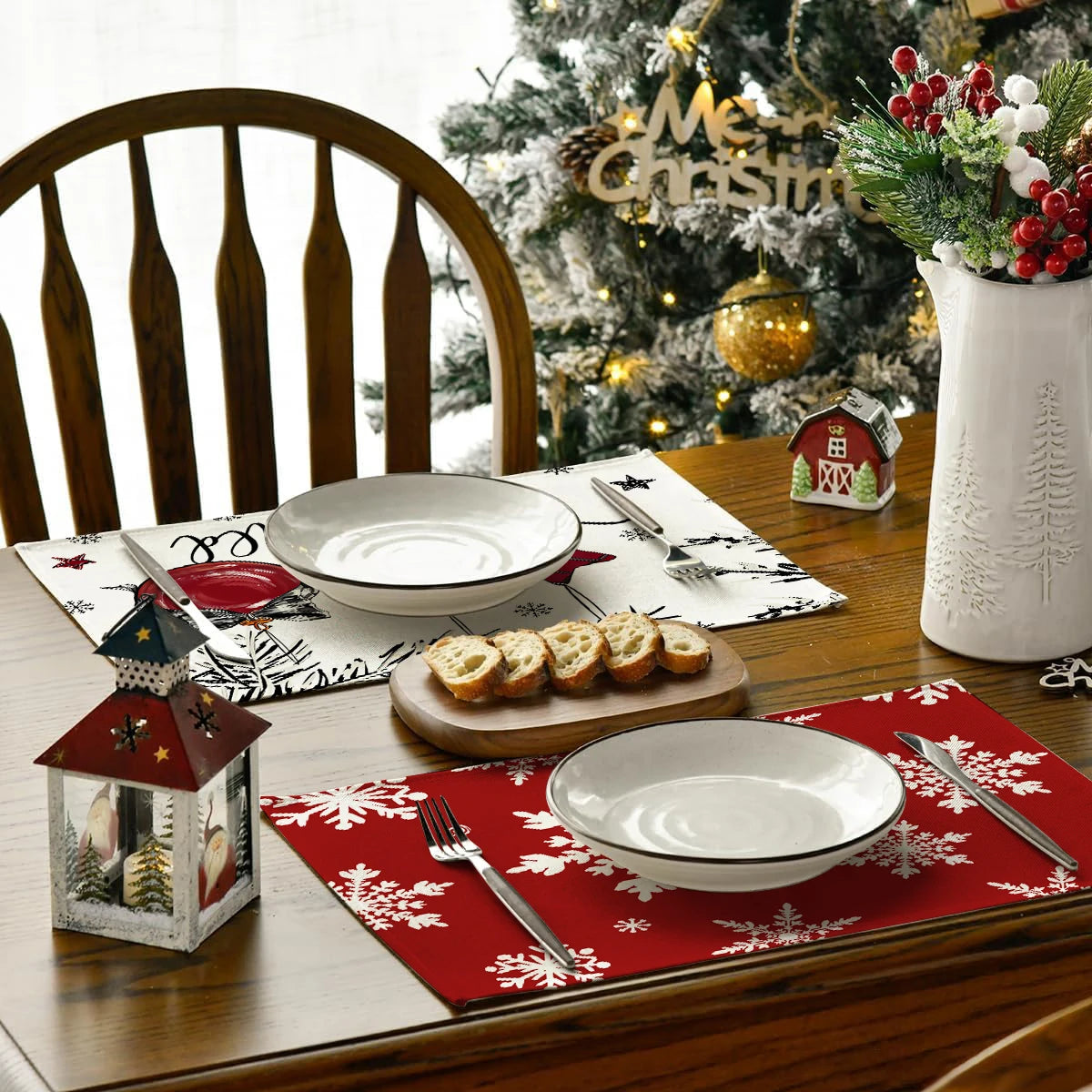 1/4/6pcs Christmas placemat, retro Christmas tree snowflake pattern dining table anti slip insulation mat, Christmas decoration