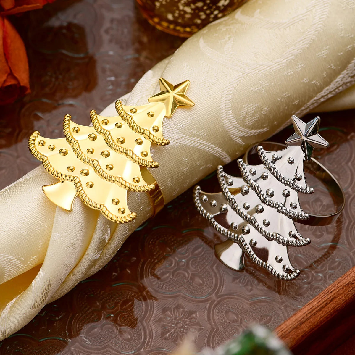 6 PCS Napkin Rings Set for Christmas Winter Wedding, Gold Christmas Hemp Rope Metal Home Table Decorations, for Kitchen Banquet