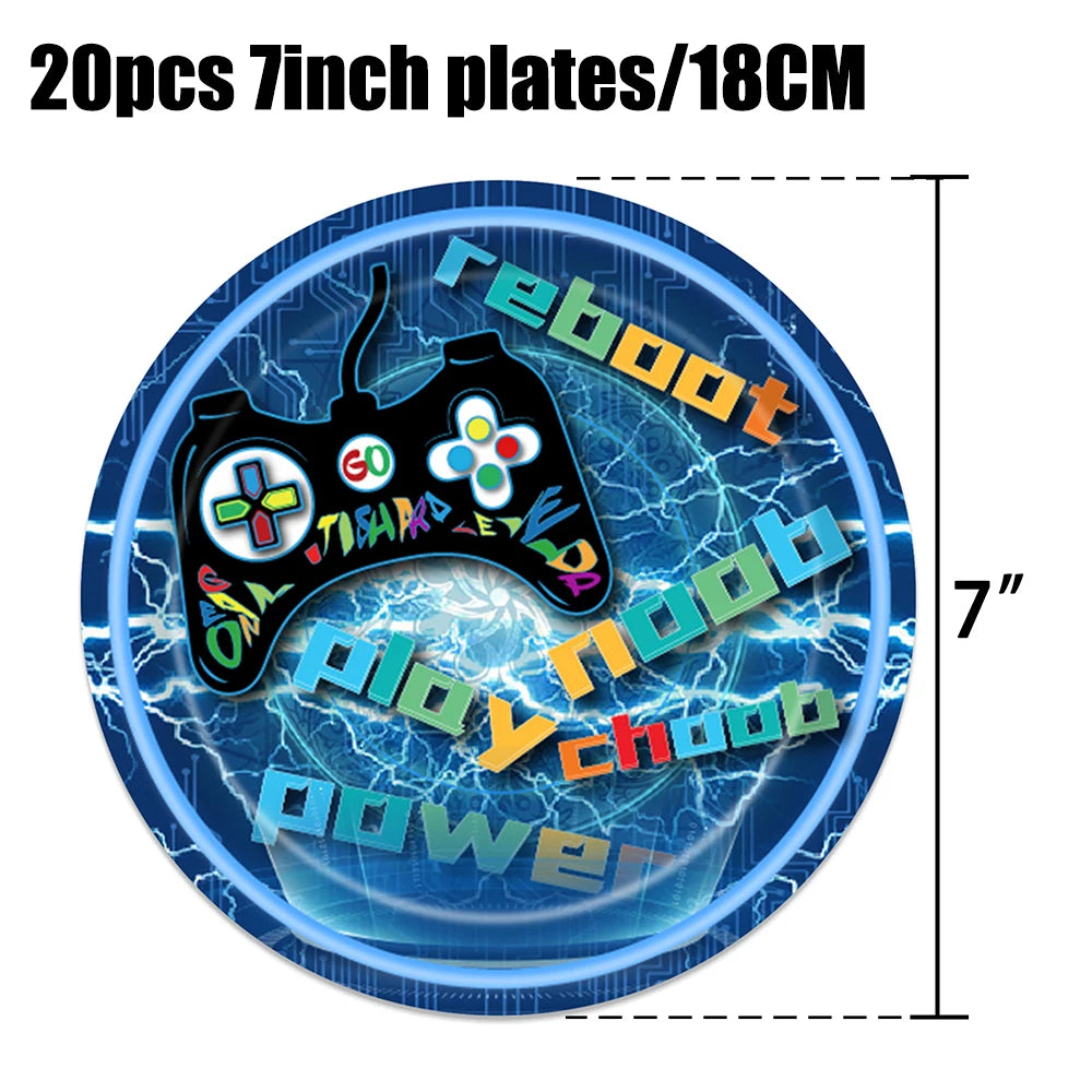 Video Game Birthday Party Favors New Paper Black White Blue Tableware Happy Birthday Plates Napkins Background Decorations Kits