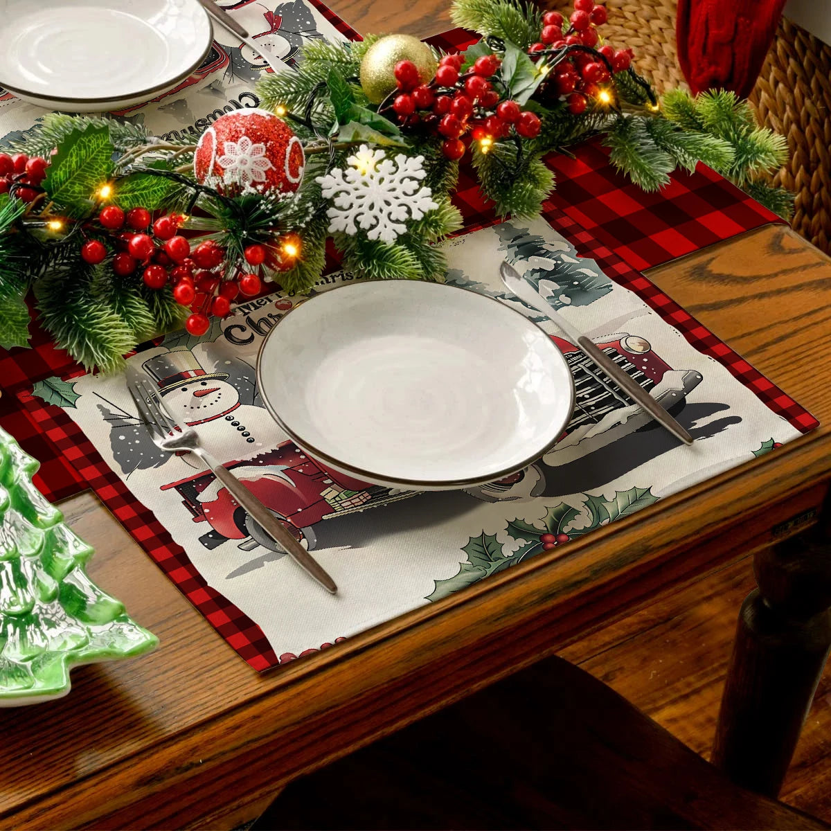 1/4/6pcs Christmas placemat, retro Christmas tree Santa Claus pattern dining table anti slip insulation mat,