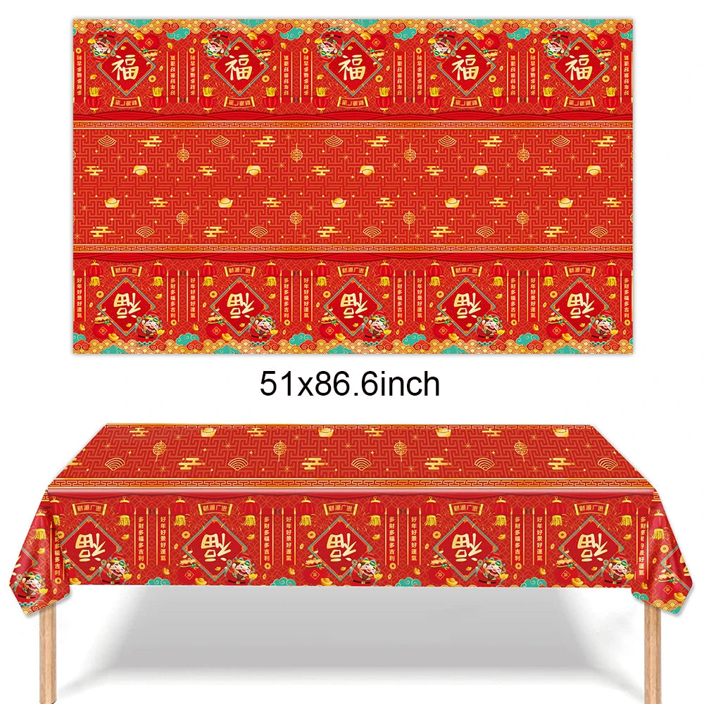 Chinese Spring Festival Banner Gifts Bags Food Tray Napkins Tablecloth Wine Bottle Stickers Happy New Year 2026 Party Decor