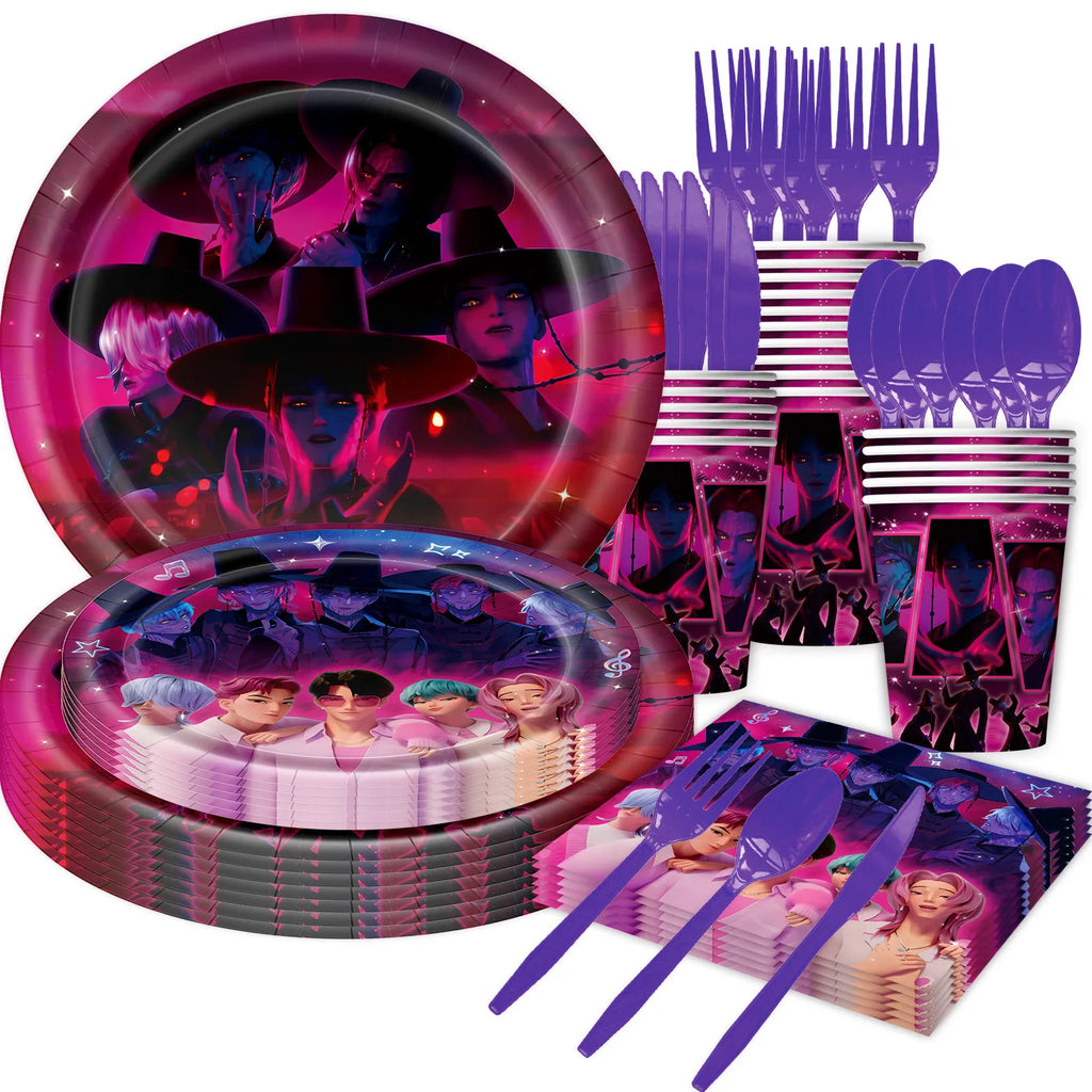 Kpop Demon Hunters Birthday Decorations Saja Boys Purple Napkins Plates Tableware Kpop Demon Hunter Birthday Party Favors Supply