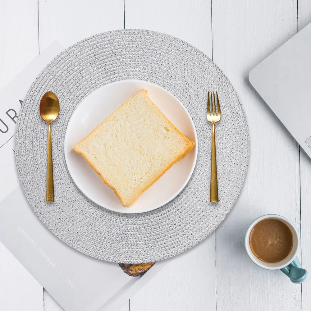 Set of 12 Round Braided Table Mat Washable Placemats Non Slip Heat Resistant for Kitchen Dining Tables Pad With Cup Coasters