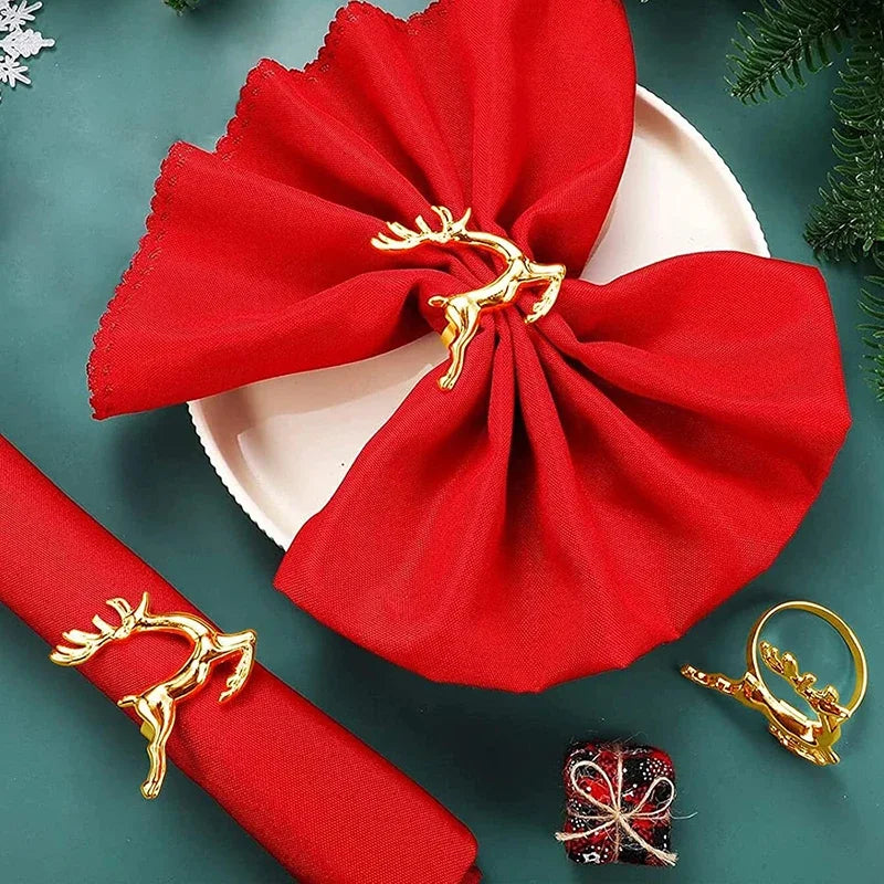 6PCS Christmas Golden Elk Napkin Ring, Family Combination Packaging, Elegant Retro Design,For Festival, Dinner Party Decoration