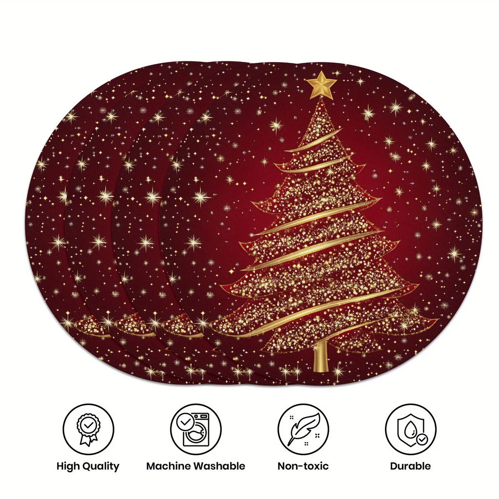 4pcs Golden Christmas Tree Red Round Placemats Set, Xmas Star Table Mats Place mats 38.1cm for Party Kitchen Dining Decoration