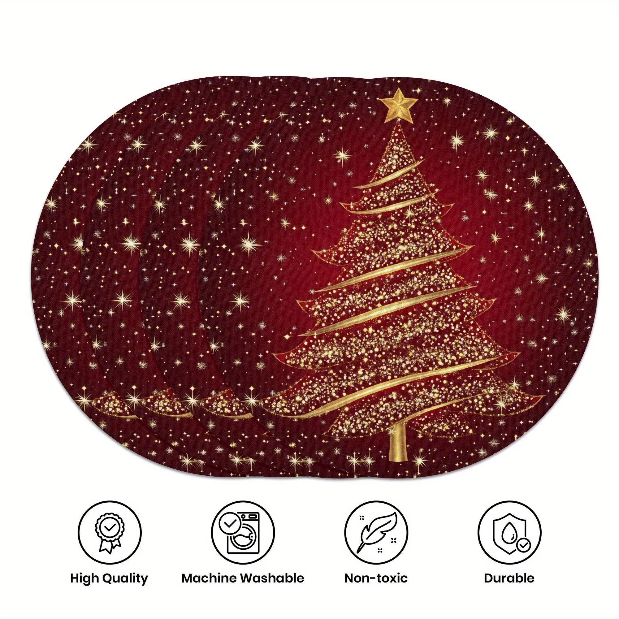 4pcs Golden Christmas Tree Red Round Placemats Set, Xmas Star Table Mats Place mats 38.1cm for Party Kitchen Dining Decoration