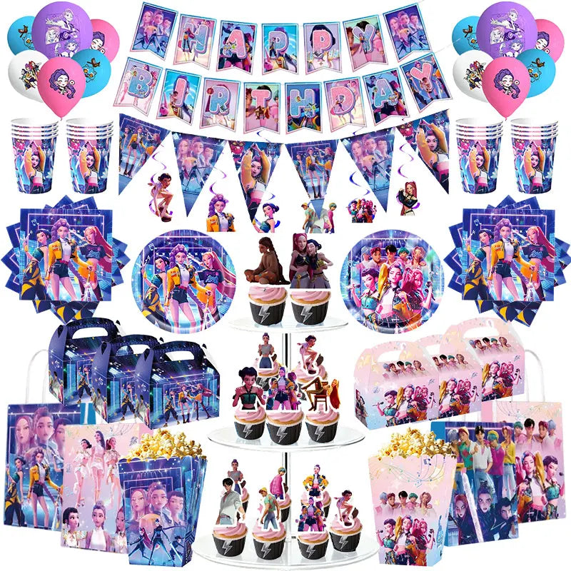 New Anime Demon Hunters Kpop Birthday Decoration Backdrop Ballon Kpop Happy Birthday Theme Plate Cup Napkin Cake Decor For Girl