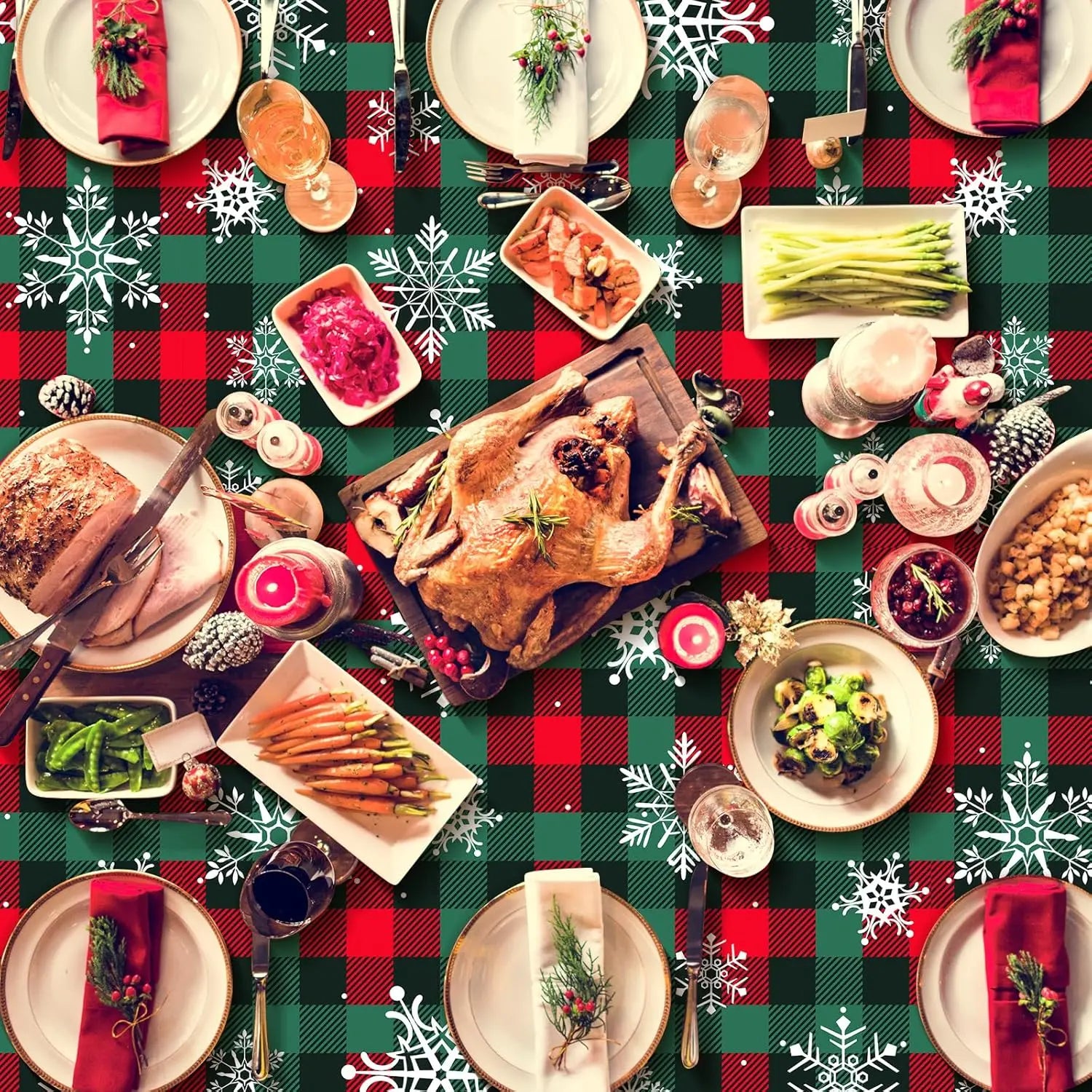 3PCS/Set Disposable Christmas Snowflake Tablecloth Plastic Red Green Buffalo Plaid Table Cover for Christmas Holiday Party Decor