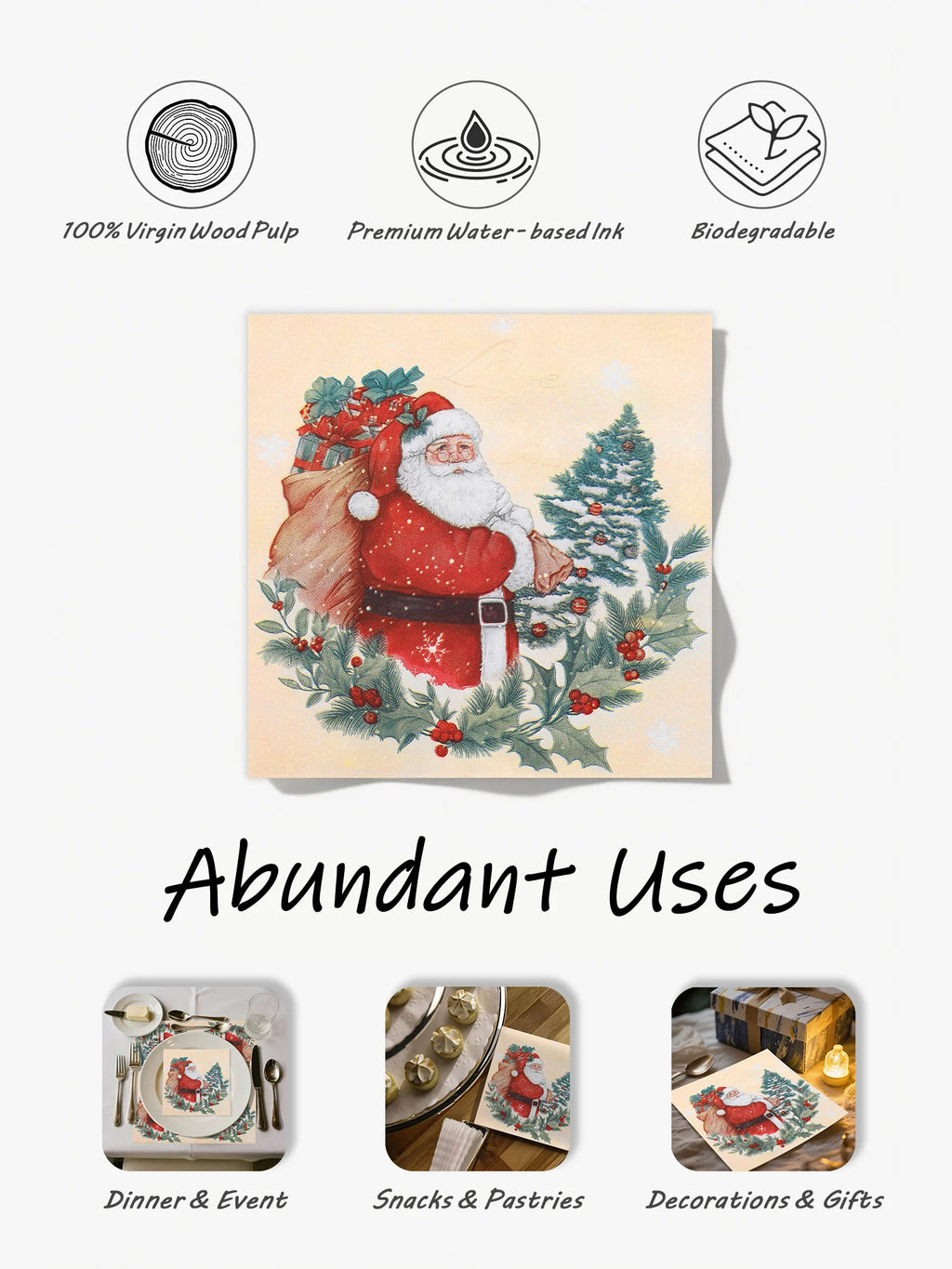 20pcs Santa Claus Holly Wreath Printed Paper Napkins - Pure Wood Pulp, 33x33cm 3-ply, Table Settings Disposable Decoupage Napkin