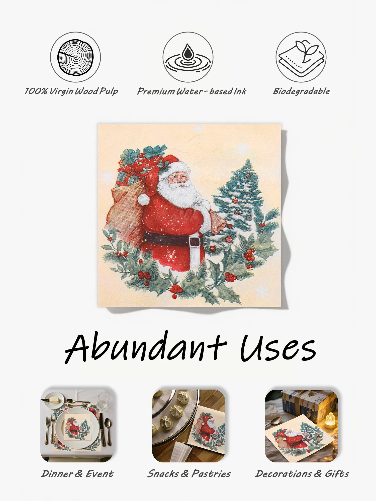 20pcs Santa Claus Holly Wreath Printed Paper Napkins - Pure Wood Pulp, 33x33cm 3-ply, Table Settings Disposable Decoupage Napkin