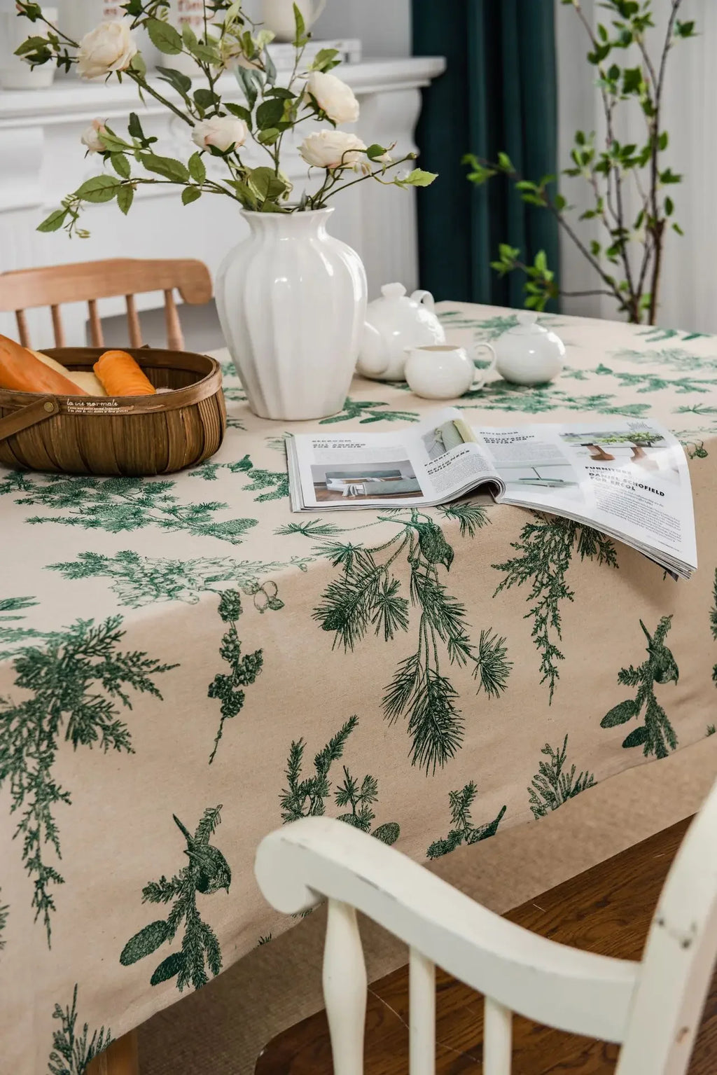 Cotton Linen Printed Pine Rectangular Fitted Tablecloth for mantel mesa party wedding kitchen dining decor table met cover