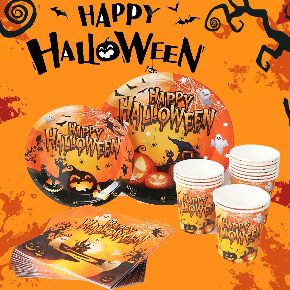 Halloween Them Party Decoration Set Halloween Pumpkins Tableware for Festival Paper Tableware Plate Napkin Towel Tissue Cup 2025