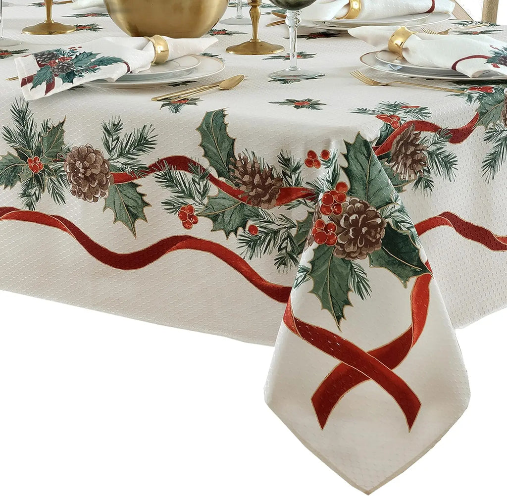 Christmas Holly Pine Needle Waterproof Tablecloth Table Decor Winter Xmas Holiday Kitchen Dining Tablecloth Christmas Decoration