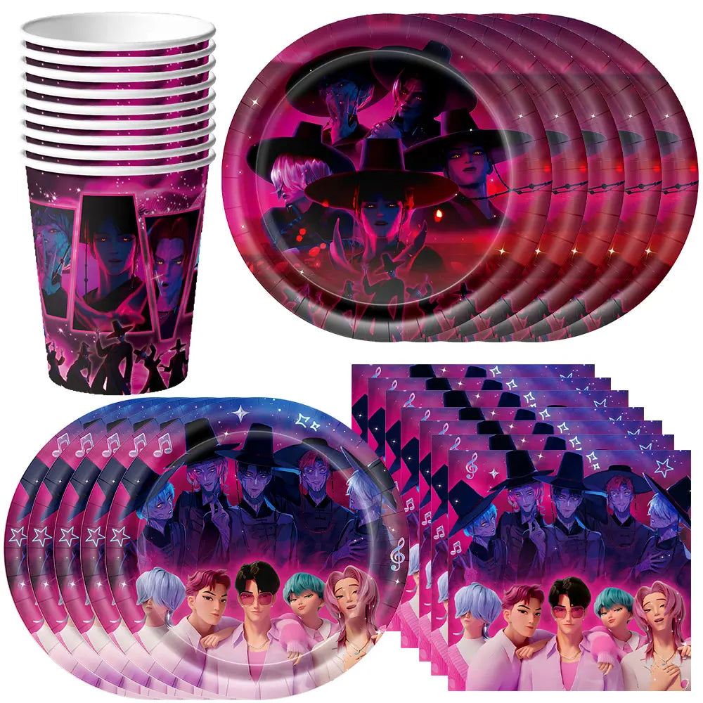 Kpop Demon Hunters Birthday Decorations Saja Boys Purple Napkins Plates Tableware Kpop Demon Hunter Birthday Party Favors Supply