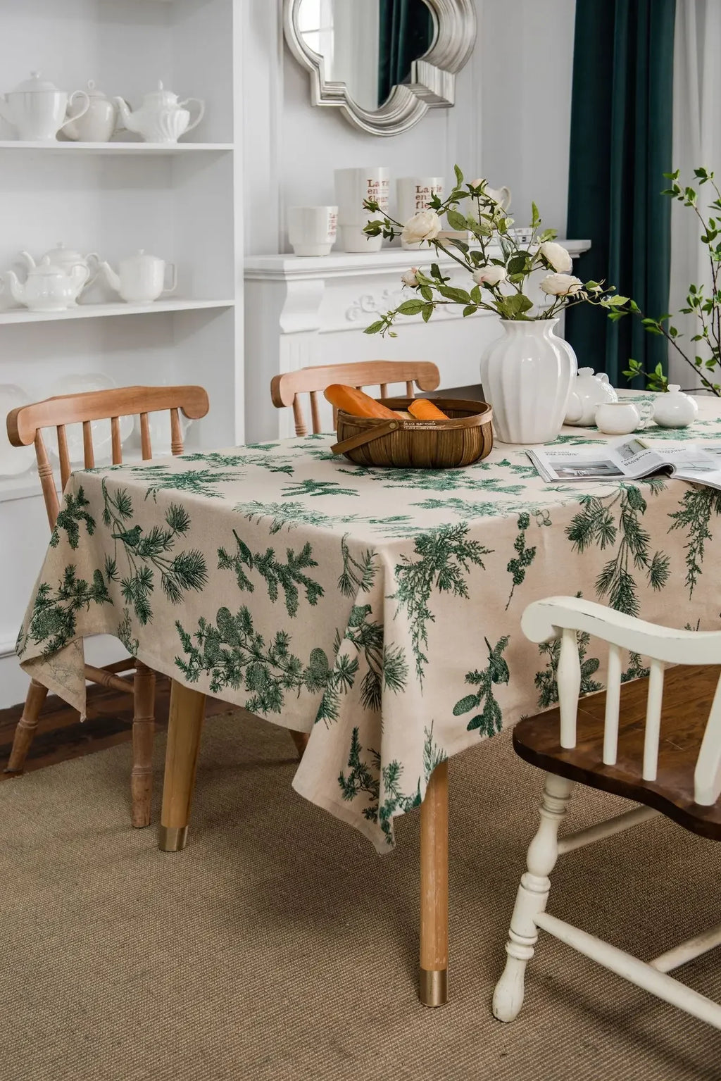 Cotton Linen Printed Pine Rectangular Fitted Tablecloth for mantel mesa party wedding kitchen dining decor table met cover