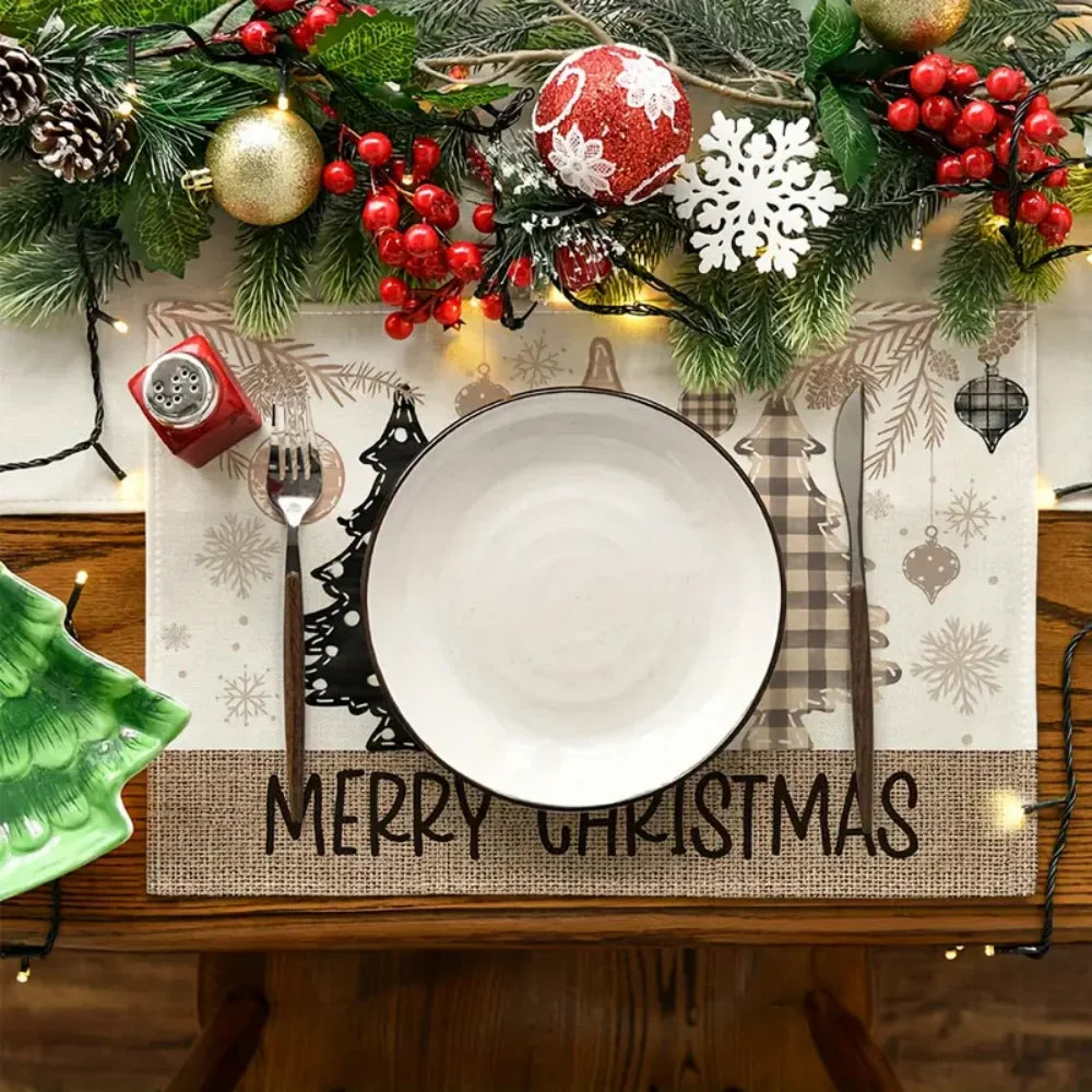 VIKAMA Linen Placemat with Christmas Element Printing Dirt Resistant Tabletop Placemat Suitable Party Kitchen and Restaurant
